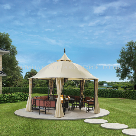 Gazebo de lujo para exteriores (hierro + tela impermeable + cortina)