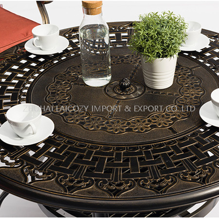 Muebles de exterior Mesa de barbacoa de aluminio fundido con seis sillas con cojín