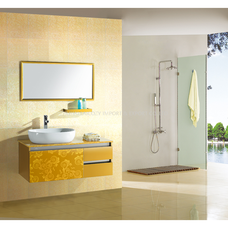 Baño del hotel 304 Gabinete de baño dorado de acero inoxidable con espejo redondo